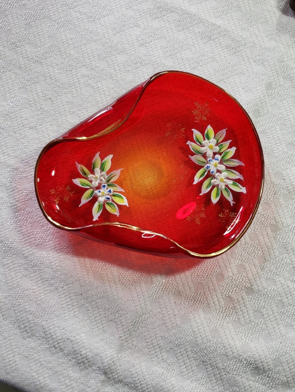 Bohemian Cranberry Glass Trinket Handpainted
